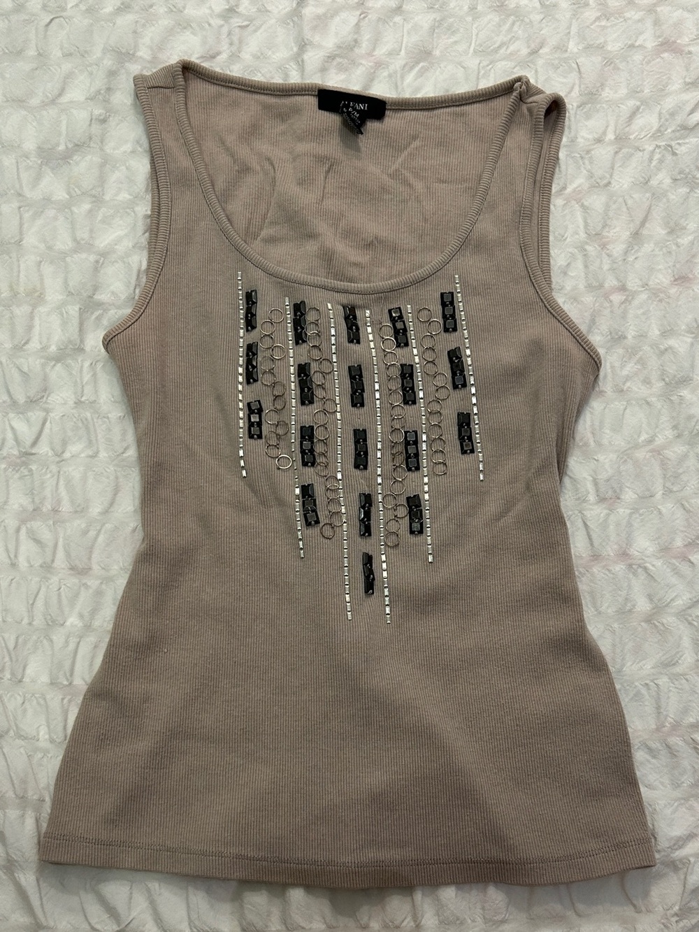 Beige Ribbed Tank Top with Front Detail